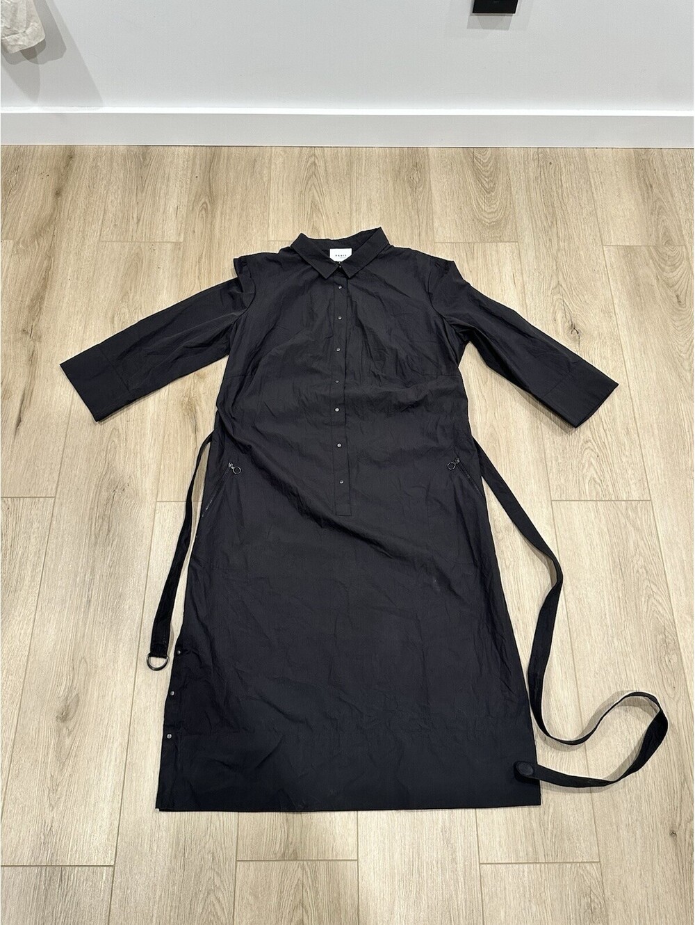 Akris Punto Size 16 US Long Sleeve Belted Shirt Dress Black Cotton Modest